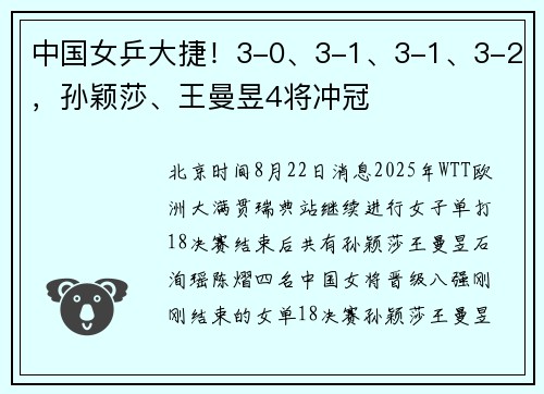 中国女乒大捷!3-0、3-1、3-1、3-2,孙颖莎、王曼昱4将冲冠 中国女乒大捷!3-0、3-1、3-1、3-2,孙颖莎、王曼昱4将冲冠