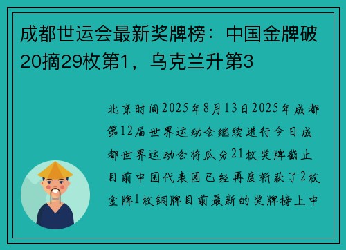成都世运会最新奖牌榜:中国金牌破20摘29枚第1,乌克兰升第3 成都世运会最新奖牌榜:中国金牌破20摘29枚第1,乌克兰升第3